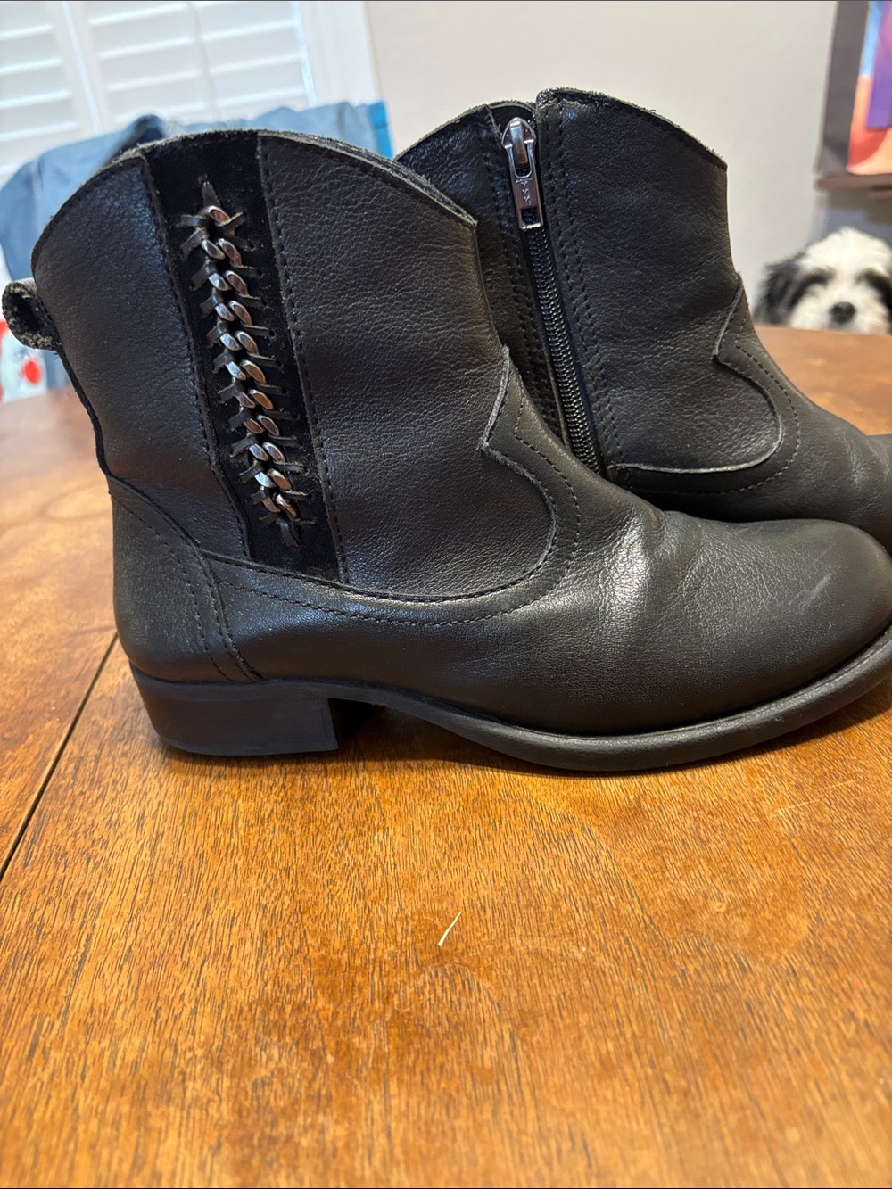 Nurture Black Leather Ankle Boots with Side Zip and Braided Detail 7m